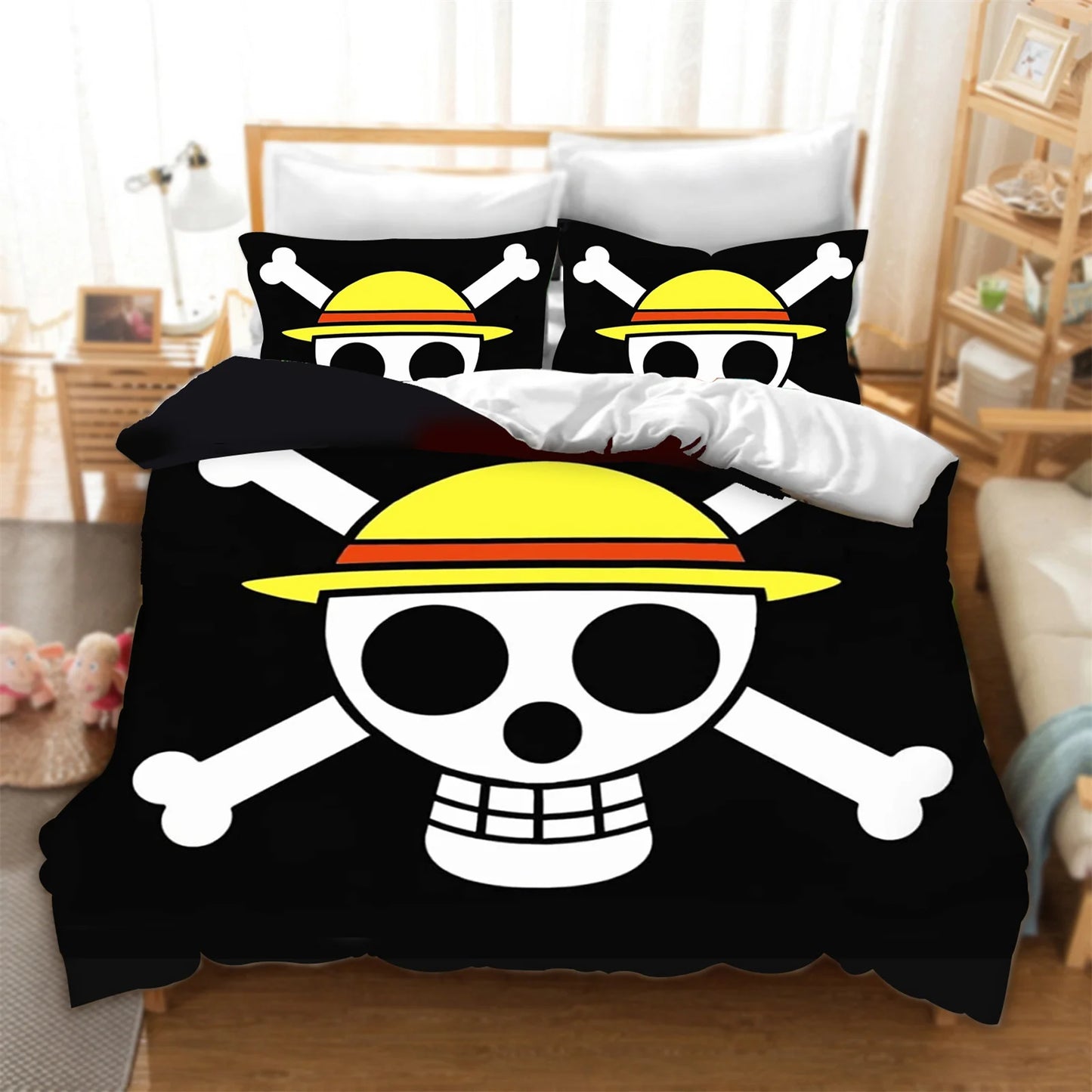 Komplet pościeli One Piece - Logo Jolly Roger Mugiwara (Czarne tło)