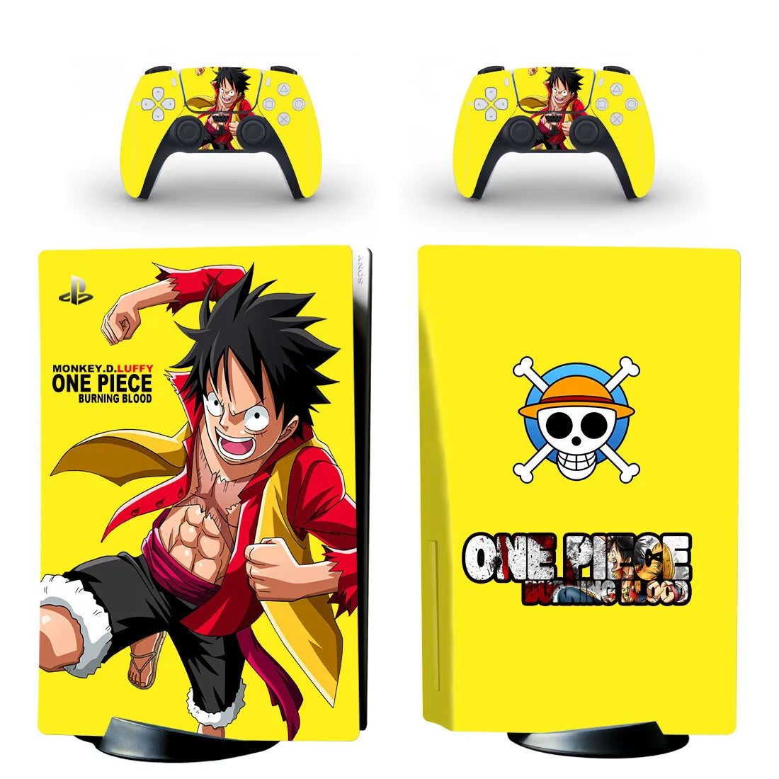 Naklejki na PS5 One Piece – Monkey D. Luffy i żółte logo Jolly Roger