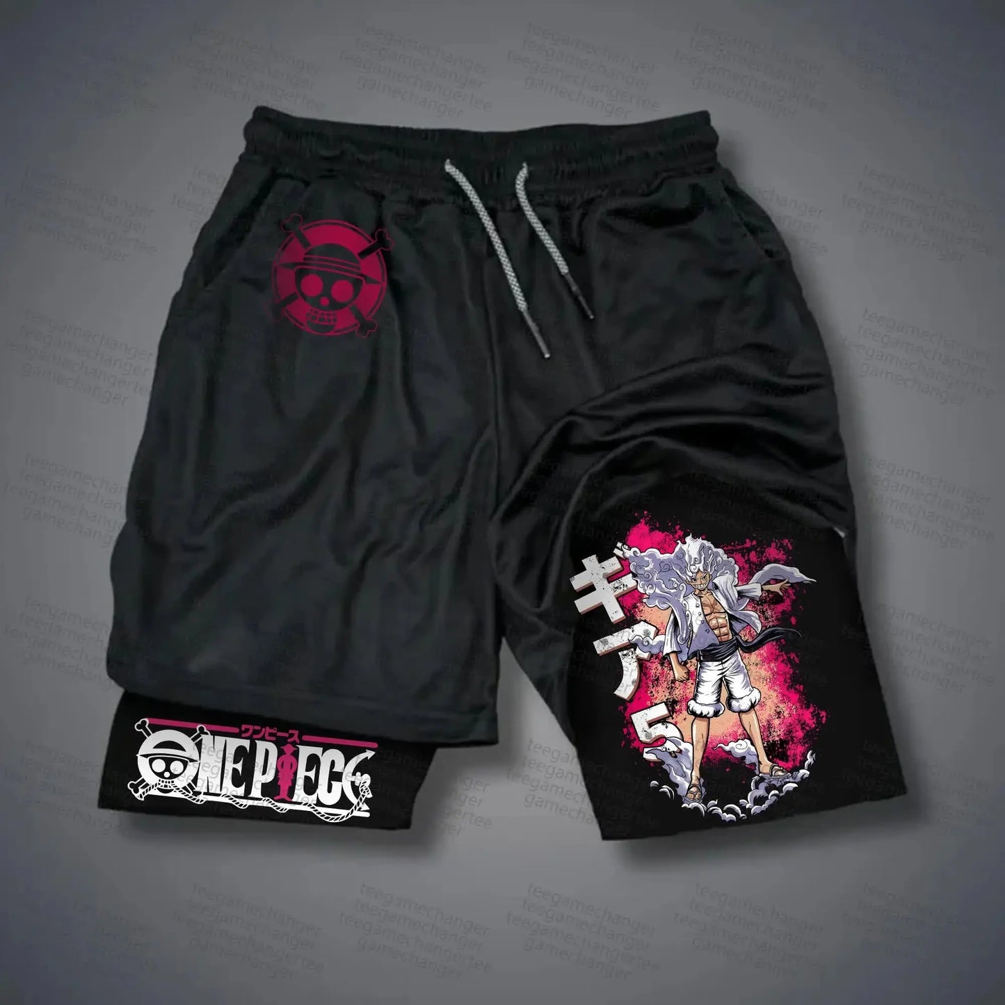 Sportowe spodenki 2 w 1 One Piece – logo Luffy’ego (czarne)