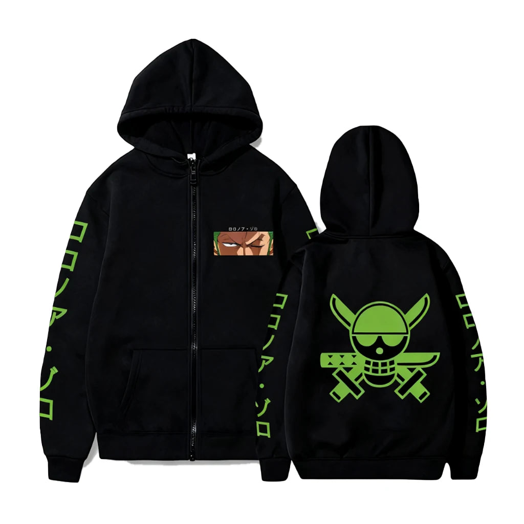 Rozpinana bluza z kapturem One Piece – minimalistyczny wzór Zoro (czarna)