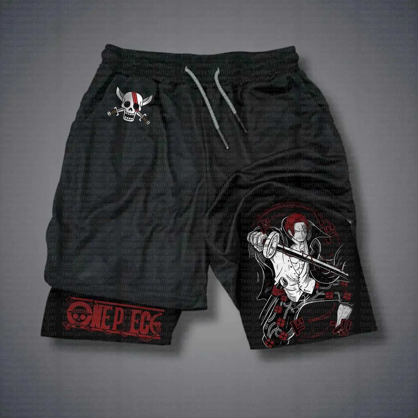 Sportowe spodenki 2 w 1 One Piece – wzór Shanksa (czarne z graficzną podszewką)