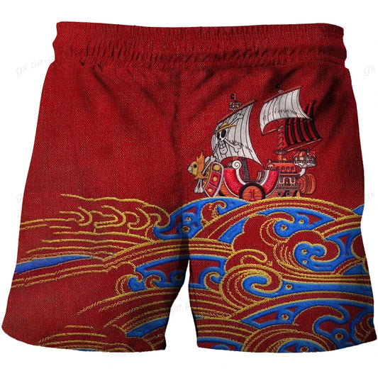 Szorty kąpielowe One Piece – statek Thousand Sunny i japońskie fale