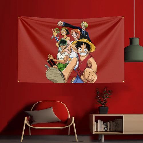 Plakat One Piece – cała załoga Mugiwara (czerwone tło)