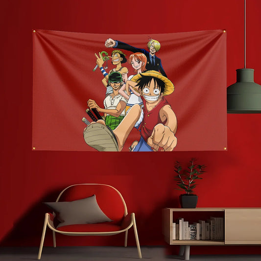 Plakat One Piece – cała załoga Mugiwara (czerwone tło)