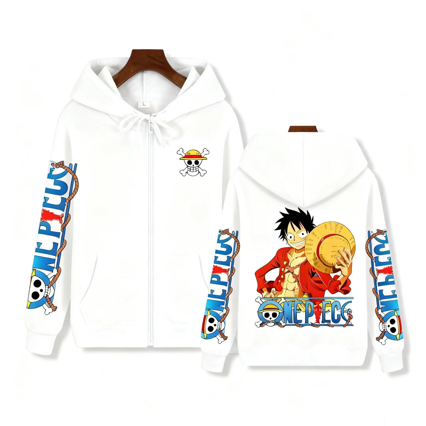 Bluza z kapturem One Piece – wzór Monkey D. Luffy w pełnym nadruku (biała)