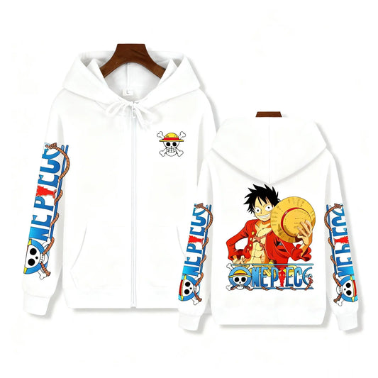 Bluza z kapturem One Piece – wzór Monkey D. Luffy w pełnym nadruku (biała)