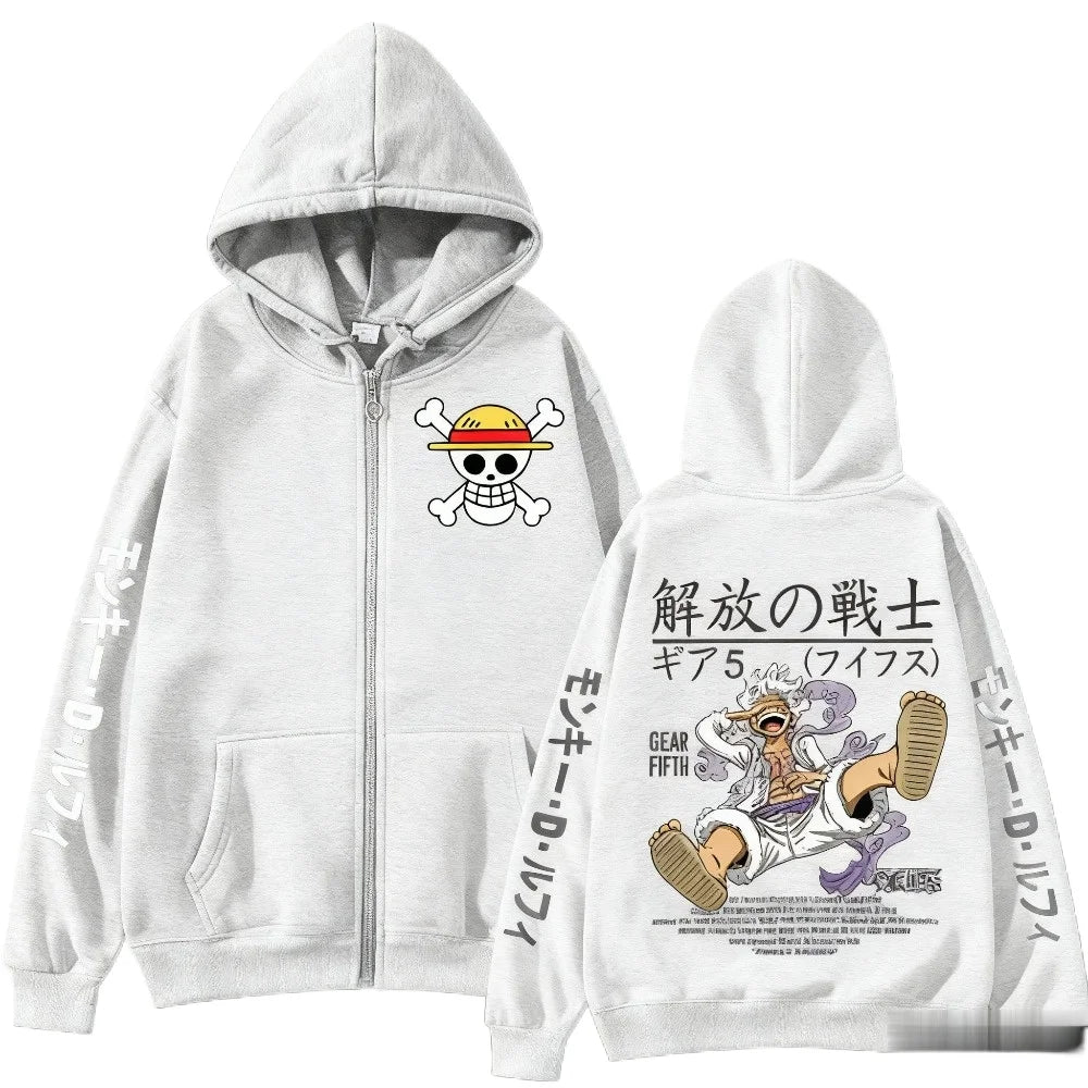 Rozpinana bluza z kapturem One Piece – Gear 5 Nika i symbole (biała)
