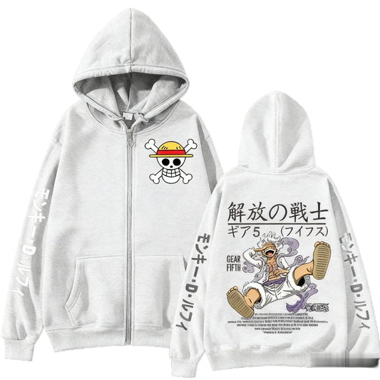 Rozpinana bluza z kapturem One Piece – Gear 5 Nika i symbole (biała)