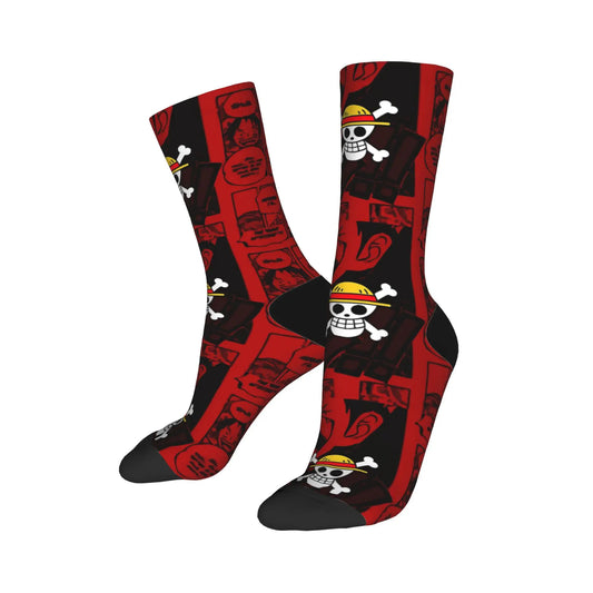 Długie skarpety One Piece - Jolly Roger i motyw Wanted (Czerwone)