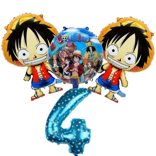 Zestaw balonów One Piece – dekoracja na 4. urodziny (Luffy i niebieska cyfra)