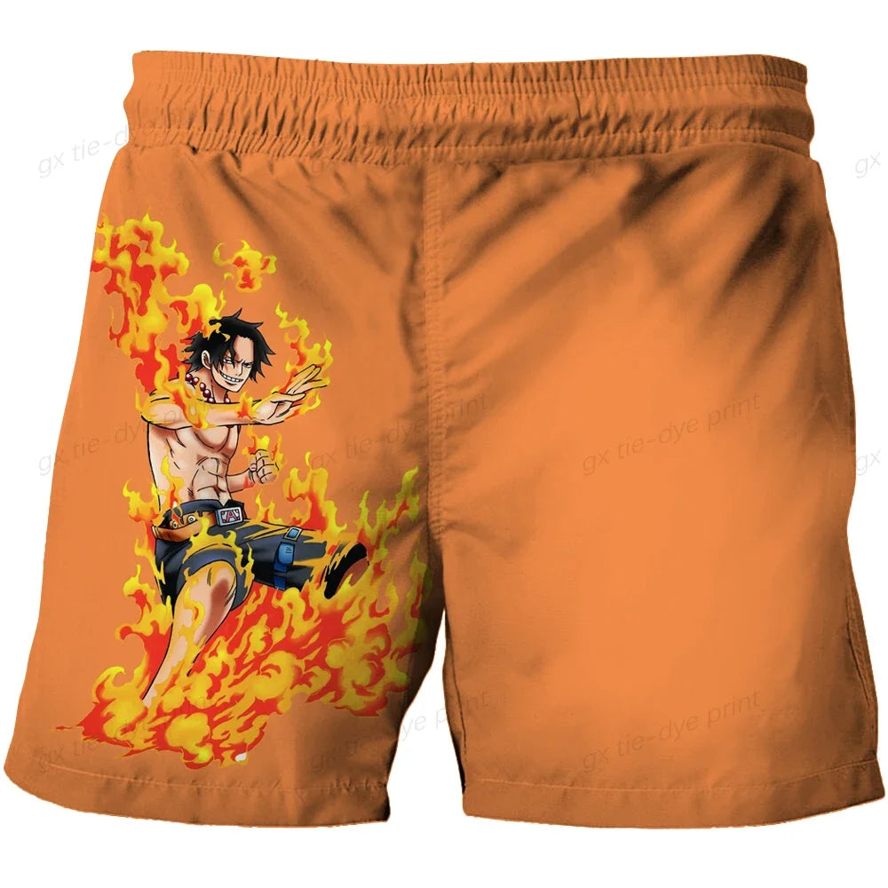 Szorty kąpielowe One Piece – ilustracja Luffy’ego i pomarańczowego krajobrazu