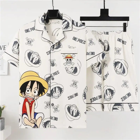 Piżama One Piece – czarno-biały nadruk mangi (koszula i spodnie)