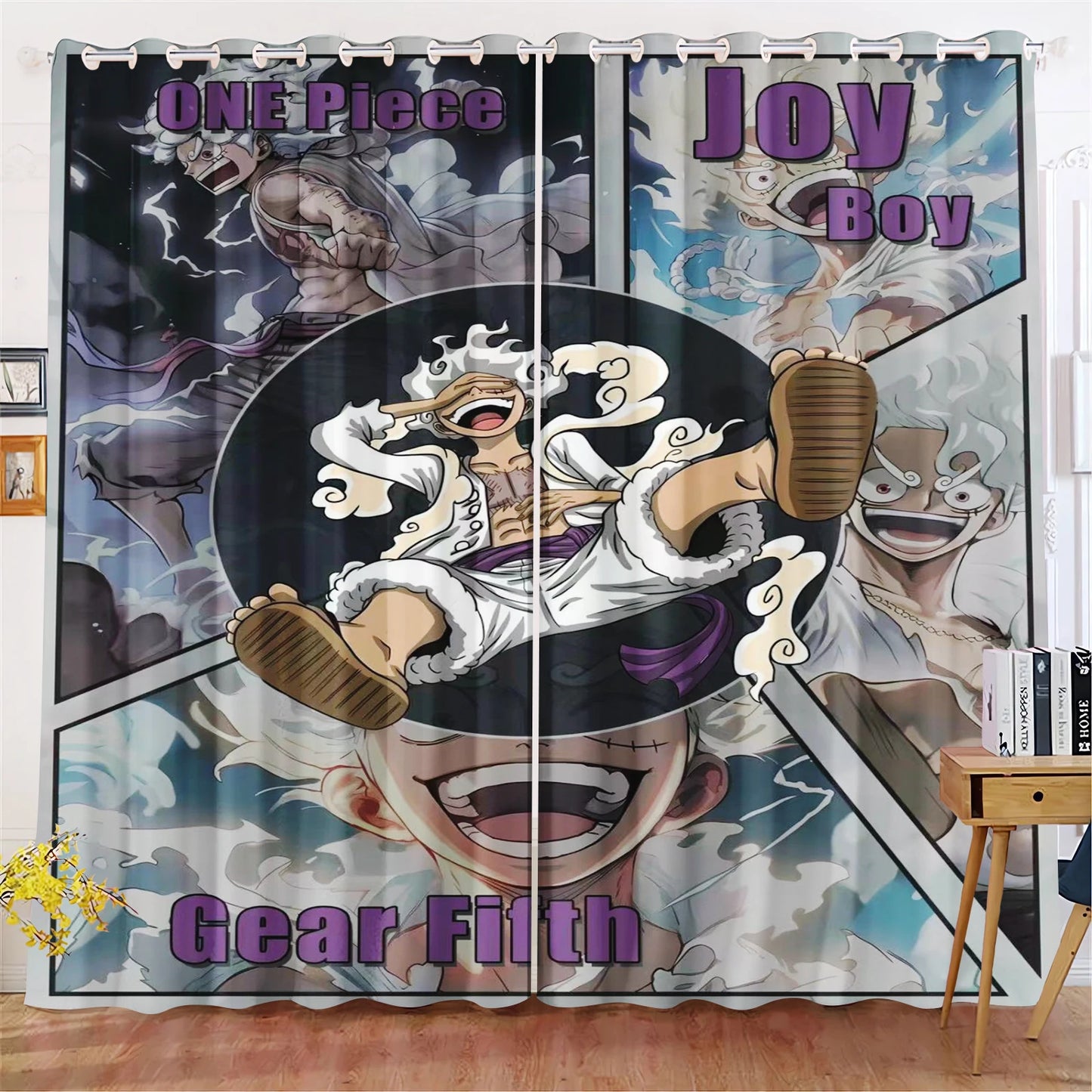 Zasłona One Piece – Luffy Gear 5 „Joy Boy” (artystyczna ilustracja HD)
