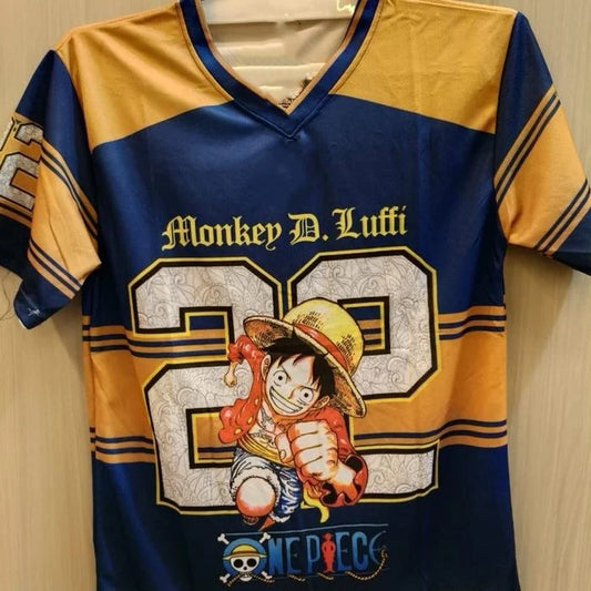 Koszulka piłkarska One Piece Luffy – żółto-niebieska koszulka w paski (numer 22)
