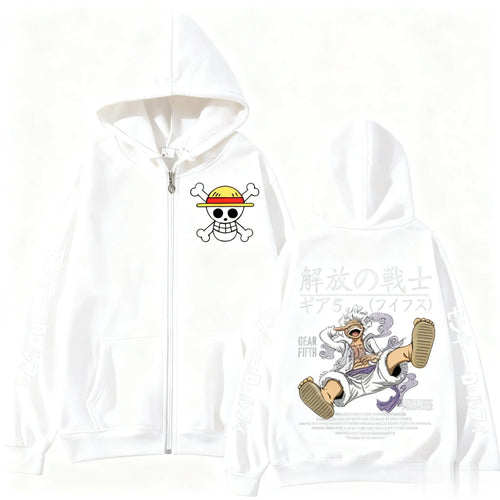 Rozpinana bluza z kapturem One Piece – Monkey D. Luffy Gear 5 (biała)