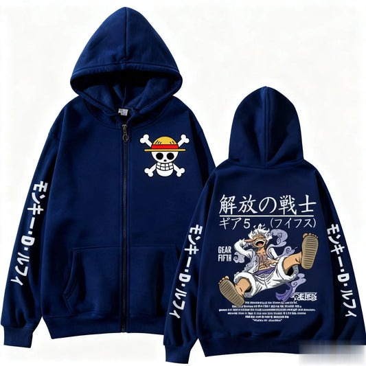 Oversize’owa bluza z kapturem One Piece – sylwetka Luffy’ego Gear 5 (granatowa)
