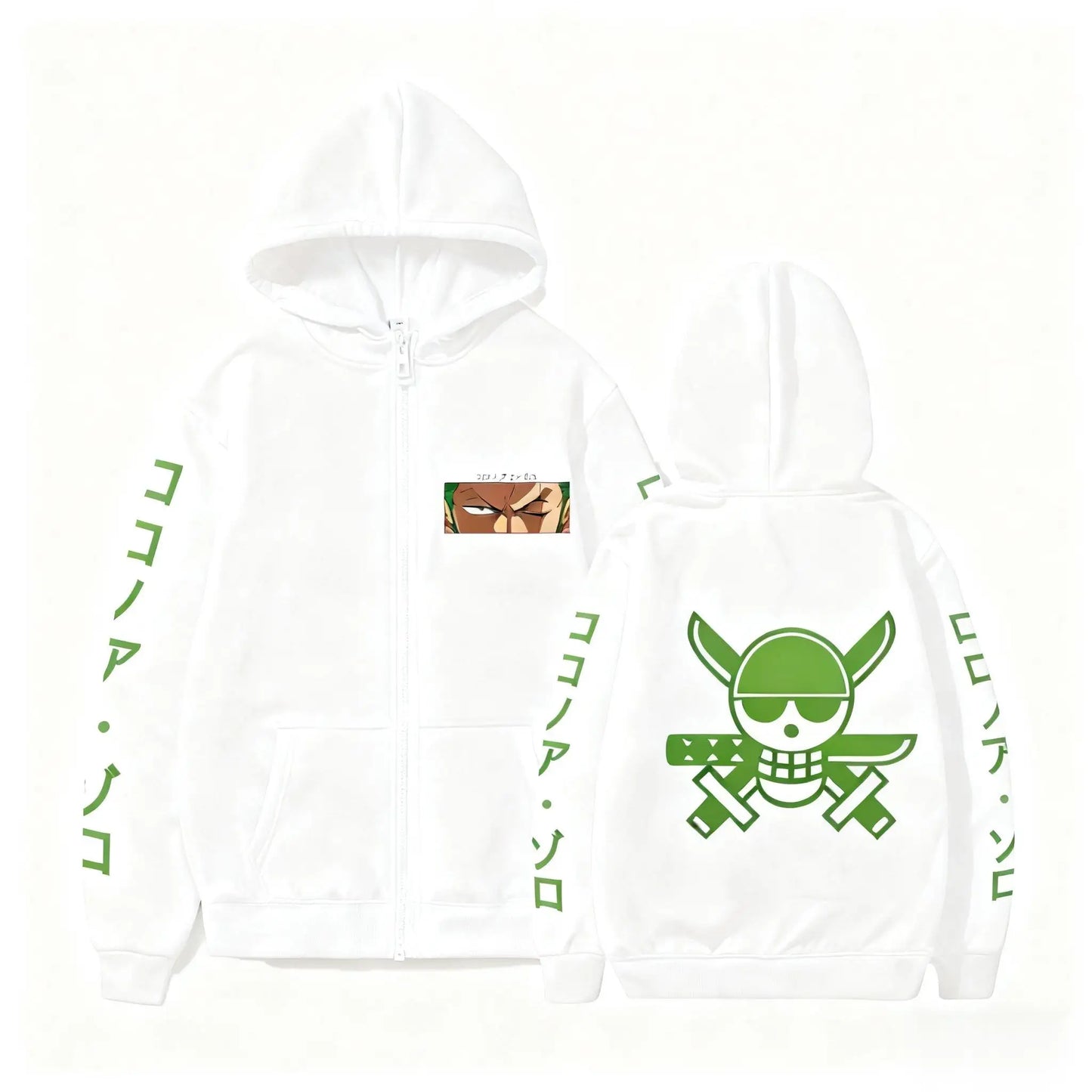 Bluza z kapturem One Piece – wzór Roronoa Zoro (biało-zielona)