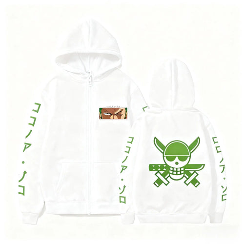 Bluza z kapturem One Piece – wzór Roronoa Zoro (biało-zielona)