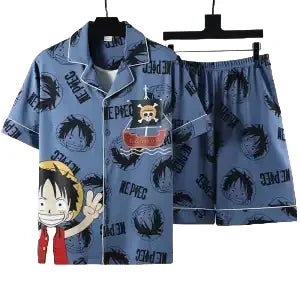 Krótka piżama One Piece – wzór „Mugiwara” na całej powierzchni (niebiesko-czarna)