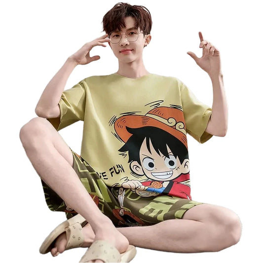 Piżama One Piece – oversize’owa koszulka T-shirt i szorty z Luffym (oliwkowozielona)