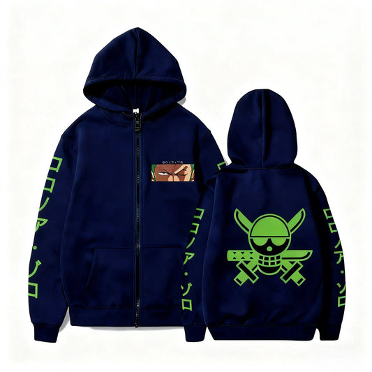 Rozpinana bluza z kapturem One Piece – Roronoa Zoro i miecze (granatowa)