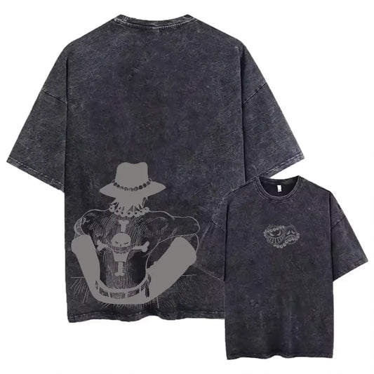 Vintage’owy T-shirt One Piece – sylwetkowy portret Ace’a (mroczna estetyka)