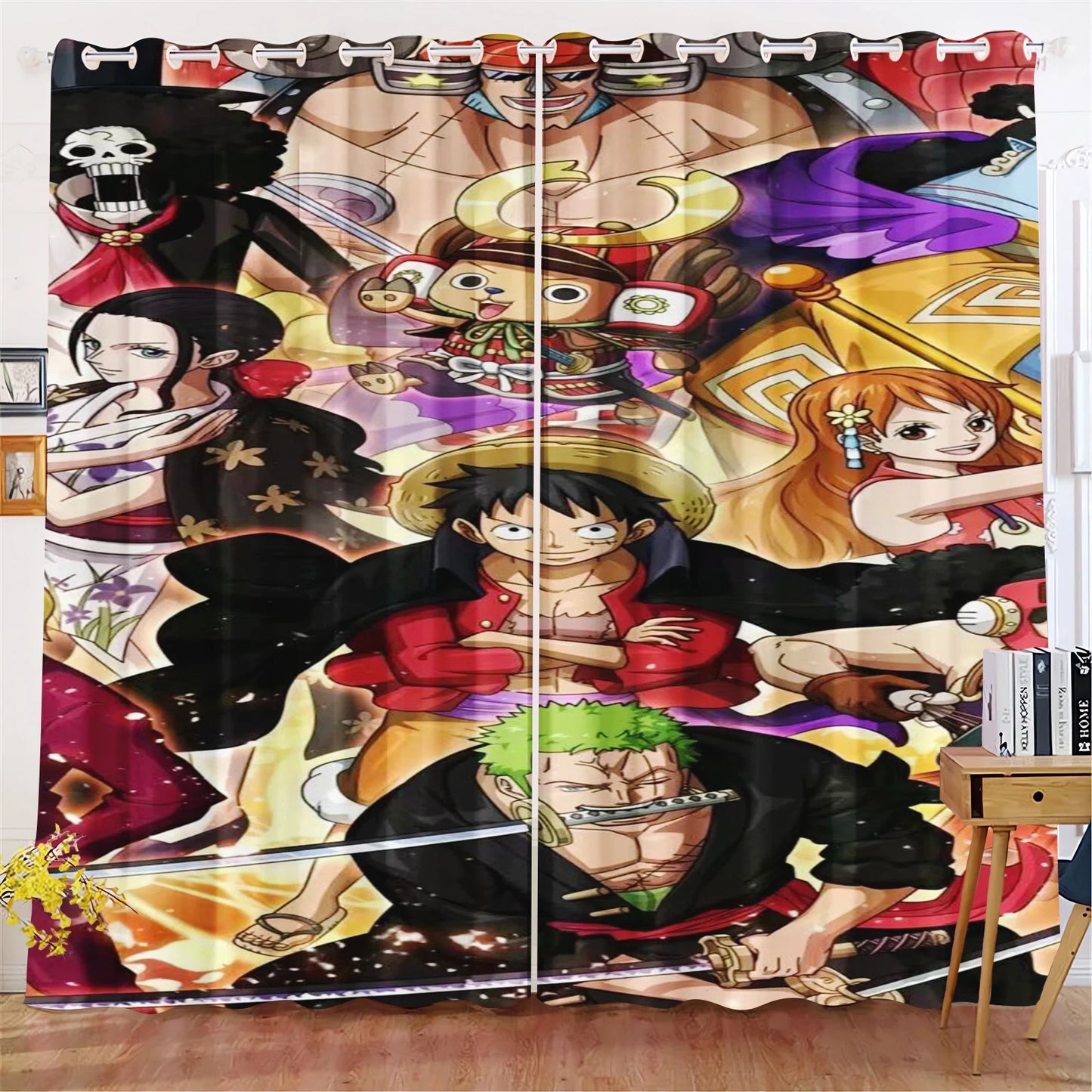 Zasłona One Piece – grupowa scena z Luffym i jego przyjaciółmi (pastelowe kolory)