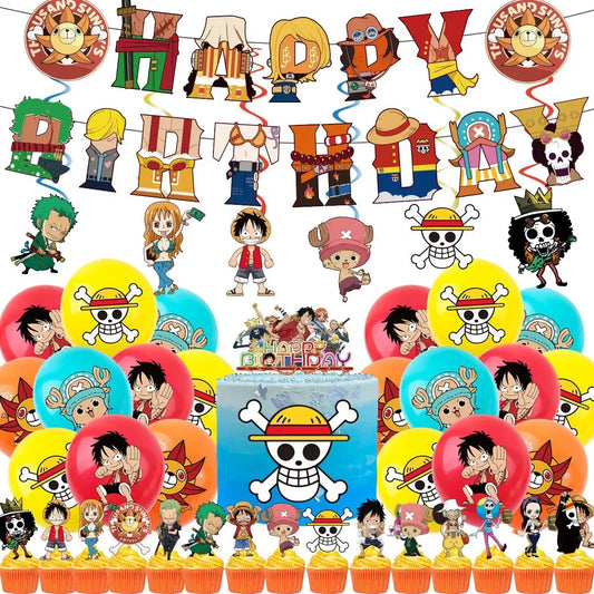 Zestaw dekoracji urodzinowych One Piece – banery i balony w stylu kreskówkowym