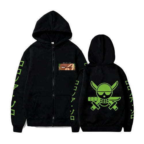 Rozpinana bluza z kapturem One Piece – minimalistyczny wzór Zoro (czarna)