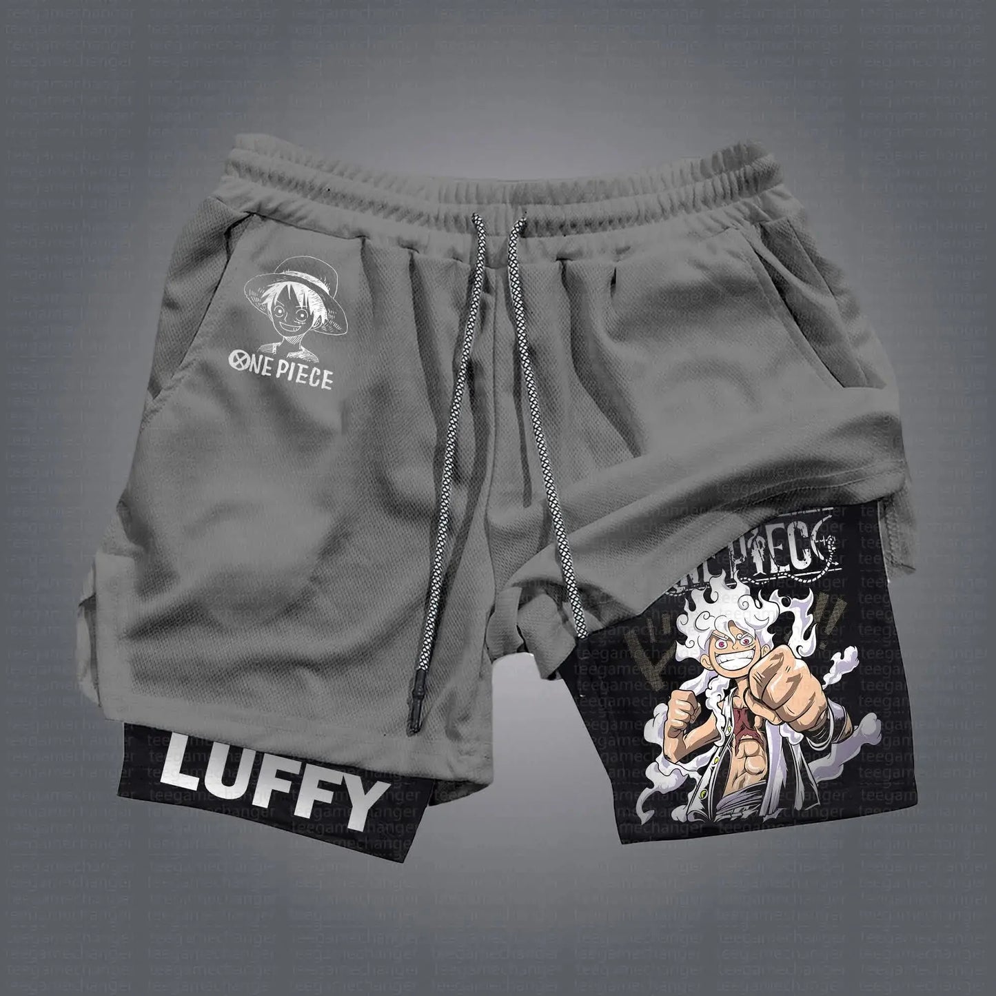 Sportowe spodenki 2 w 1 One Piece – Luffy Gear 5 „Joy Boy” (szare z czarną podszewką)