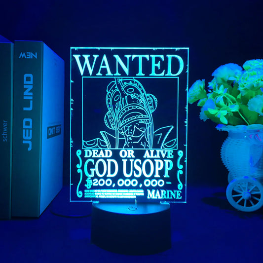 Lampka LED One Piece – plakat „Poszukiwany” „Boski” Usopp (niebieska)