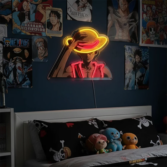 Lampa neonowa One Piece – Sylwetka Luffy’ego w czerwonym Słomkowym Kapeluszu