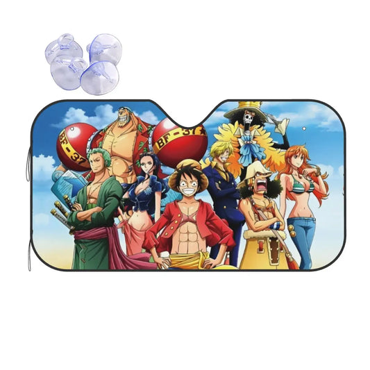 Przednia osłona przeciwsłoneczna One Piece – ilustracja załogi o zachodzie słońca