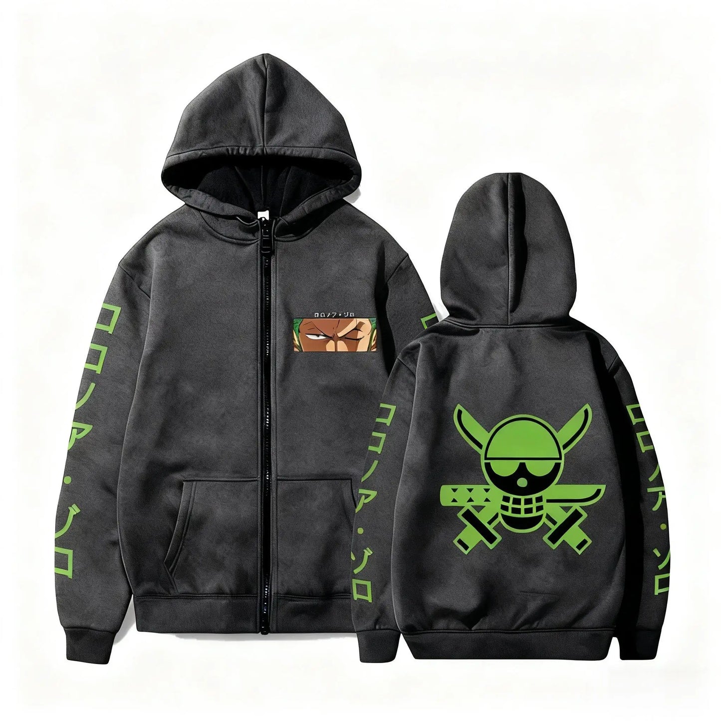 Bluza z kapturem One Piece – logo Roronoa Zoro (czarno-zielona)